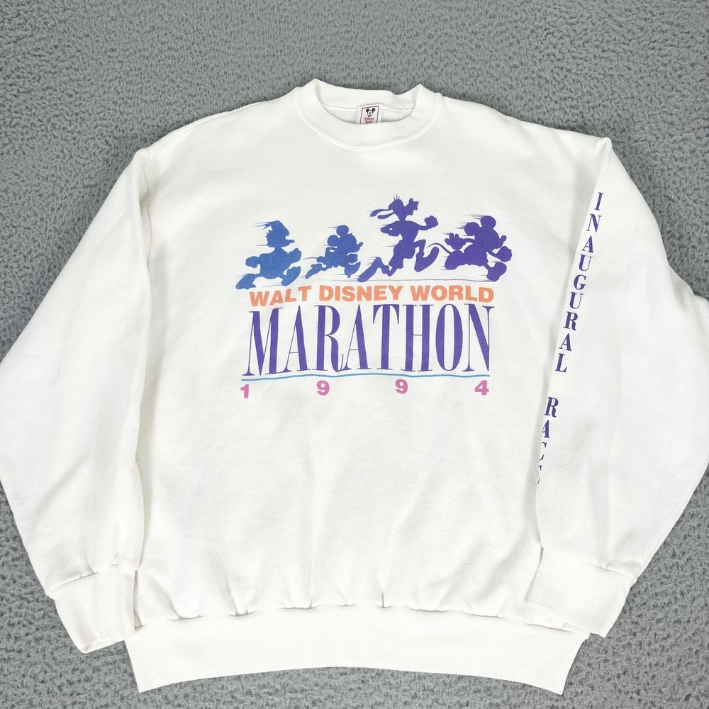 Vintage Walt Disney World Marathon Sweatshirt Mens XL White Inaugural Race 1994